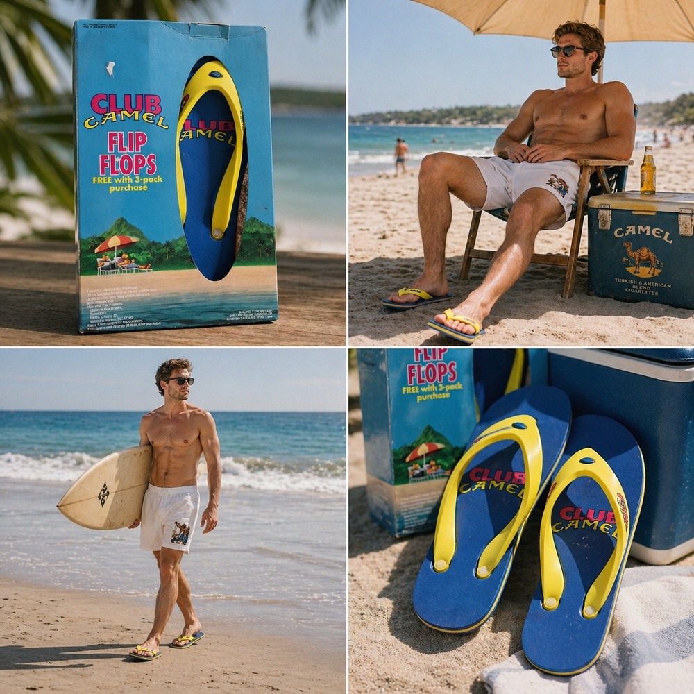 Vintage Club Camel Flip Flops Joe Camel Tobacco Promo Sandals Blue Yellow NIB